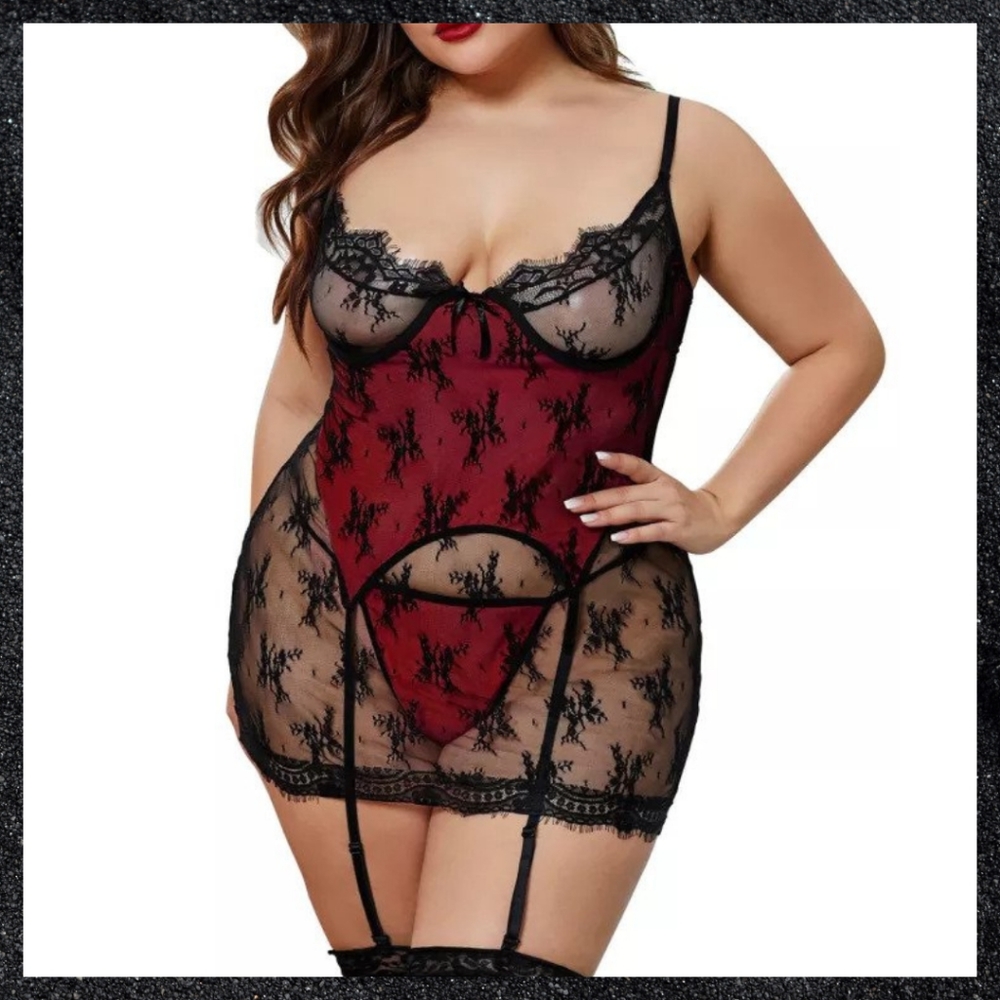 Red & Black Lace Layered Garter Chemise Dress Plus Size - Picture 4 of 11